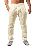 JESDM Leinen Hose Herren Sommer Herbst Lose Lässige Leinenhose mit Taschen Elastischer Bund Beige XL