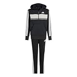 adidas Unisex Kinder SEASONAL ESSENTIALS TIBERIO 3 STRIPES FLEECE TRACKSUIT, black/white/grey two, 15-16 Years