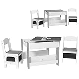 HOMCOM 3-teiliges Set mit Tisch und 2 Stühlen für Kinder mit Tablett, Tisch umkehrbar, Kreidetafel, Aufbewahrungskorb, Regale
