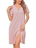 Vlazom Damen Nachthemd Kurzarm V-Ausschnitt mit Knopfleiste Weich Rippenstrick Nachtwäsche Stillnachthemd Schlafhemd（M，Rosa