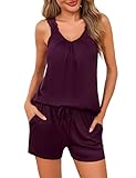 Uniexcosm Schlafanzug Damen Kurz Zweiteiliger Sommer Ärmellos Spitzenträger Pyjama Shorty Baumwolle V-Ausschnitt Shirt und Schlafshort Sexy Sleepshirt für Frauen Dunkelfuchsia M