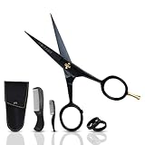 ONTAKI Professionelle Bartschere aus deutschem Stahl, 12,7 cm, Herren-Schnurrbartschere mit Bartkamm und Tragetasche, handgeschmiedete, abgeschrägte Kante, Präzisions-Gesichtsbehaarung – Schwarz