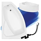 BADLAND Badewanne Original Weiß Acryl Wanne Eckbadewanne RIMA 130x85 Links KOMPLETTSET SET mit Weiß Acrylschürze + Füßen und Exklusive Chrom Automatik Ablaufgarnitur Made in EU 4in1