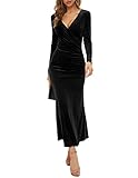 QUNERY Damen Langarm Abendkleid Samt Maxikleid Tief V-Ausschnitt Elegant Cocktailkleid Partykleid Samtkleid Winter A-Schwarz XL