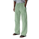 Herrenhose aus Baumwolle und Leinen, leicht, Sommer, Sporthose, Arbeitshose, Herren, breite Hose, Herren, elastischer Bund, mit Taschen, Kordelzug, atmungsaktiv, lässig, Strand, Urlaub Sommer