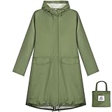 ANYOO Wasserdichter Regenmantel für Damen, Regenjacke mit Kapuze, leichter langer Regenmantel, Windjacke, Trenchcoat, Armeegrün, Einheitsgröße