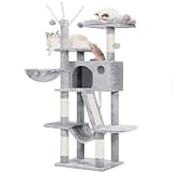 Hey-Brother Kratzbaum, 135 cm Indoor Katzenbaum, Mit gepolsterter Plattform Bett, Spielzeug Ball, Höhlen, Hängematte und Sisal Kratzbaum Katzenhaus, Hellgrau MPJ019-SW