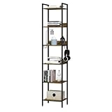 WOLTU Lagerregal mit 6 Ebenen, Küchenregal mit 4 Haken, Bücherregal im Industriestil, Standregal im Wohnzimmer Küche, schmales Leiterregal, Schwarz + Vintage Holzoptik, 40x30x187cm