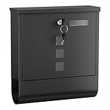 Wiltec Briefkasten mit Zeitungsrolle, schwarz, 305 x 95 x 335 mm, Wandbriefkasten mit Namensschild, Sichtfenstern, Schloss und Zeitungsrolle, Postkasten aus pulverbeschichtetem Stahl