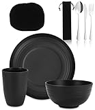 Camping Besteck Set, Camping Geschirr Schwarz, Edelstahl-Besteck, wiederverwendbarer Leichter Becher, spülmaschinenfest mit Becher, Schüssel, Teller und Tasche, Ideal für Outdoor, Picknick und Reisen