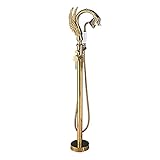 WOTZOV Duschset Badewannenarmatur mit Handbrause und 360° schwenkbarem Auslauf, Bodenmontage, Schwanenform, Wannenfüllarmatur, Einhebel-Wannenarmatur-Set aus Messing mit Du，Gold a