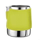 MoSundi Milchaufschäumer aus Edelstahl, 350 ml, mit Silikonhülle, griffloser Espresso-Krug für Cappuccino Latte Art, Schwarz/Gelb/Blaugelb