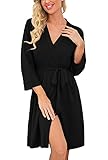 PrinStory Bademantel Damen Weich Morgenmantel Kimono V-Ausschnitt Reisebademantel Leicht Nachtwäsche Kurz Saunamantel (Schwarz, L)