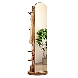 360 ° drehbarer Ganzkörperspiegel mit Garderobe, Standspiegel aus Massivholz und Kleiderbügel für Schlafzimmer und Wohnzimmer, platzsparendes 2-in-1-Design, Farbe: Walnuss, Größe: 40 x 40 x 168 cm