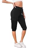 Bresdk Caprihose Damen 3/4 Cargohose Sommer Casual Jogginghose Leichte Outdoor Sport Reise Sommerhose mit 4 Taschen, M549 Schwarz, L