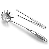 Hinapan 1 Stück Spaghettilöffel, mit 1 Servierzange, Pastalöffel mit Zähnen, Edelstahl-Nudellöffel, Nudelheber-Utensil, Einfach zu Bedienen und zu Reinigen, 34.5 cm