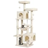 MSmask Kratzbaum groß, L Katzenbaum Stabil, Katzenkratzbaum mit 2 Plattformen, 2 Katzenhöhlen, Hängematte, Sisalsäulen, mehrstöckiger Kletterbaum für Katzen (Beige, 160cm)