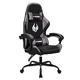T-THREE.Ergonomischer Leder Gaming Stuhl Bürostuhl Drehstuhl Computerstuhl Rennstuhl Lederstuhl höhenverstellbar, mit Kopfstütze und Lendenwirbelstütze（Gray）