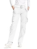 Aeslech Damen Cargohose aus Baumwolle, leger, dehnbar, Camouflage, taktische Hose mit Taschen, weiß, 34