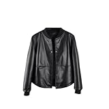 UIOKLMJH Herren-Bomberjacke mit weichem Stehkragen, einreihig, lässig, Schaffell-Ledermäntel, Schwarz , XL