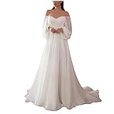 Abendkleider Elegant Für Hochzeit Lang Chiffon Hochzeitskleid Weiß Festliches Kleid Schulterfrei Brautjungfernkleider Ballkleid Damen Lang Cocktailkleid Rückenfrei Brautkleid Frauen A Linie