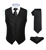 HISDERN Anzugweste für Herren Schwarz Hochzeit Weste und Krawatte und Einstecktuch Set Einfarbige Weste Herren Anzug mit Taschen Party 5XL