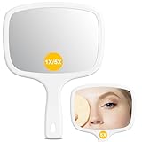 Auxmir Handspiegel mit Griff, Doppelseitig Kosmetikspiegel mit 1X/5X Vergrößerung, Tragbar Schminkspiegel Spiegel für Friseur, Haare Schneiden, Rasieren, Makeup, Beauty, Gesichtspflege, Quadratisch