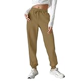 Jogginghose Damen Lang Leicht Loose Fit Solid Color Freizeithose Warme Hohe Taille Sporthose Trainingshose Herbst Winterhose Lang Sweatpants mit Taschen Hellbraun XL