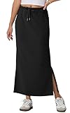GRECERELLE Rock Damen Lang Elegant Knitterfrei Sommer Röcke A-Linie Elastische Hohe Taille Maxirock Maxi Skirt mit Taschen Kordelzug Schlitz (Schwarz, M)