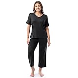 Fruit of the Loom Women's 360 Stretch Ruffle Sleeve V-Neck Tee and Capri Sleep Pajama Set, Black