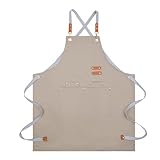 Lange Schürze, Knielange Kochschürze Wasserdicht, Küchenschürze mit Kreuz Rücken, Herren Damen Latzschürzen mit 4 Taschen, Verstellbare Arbeitsschürze, SChürze zum Backen, Barista SCHürze (Beige)