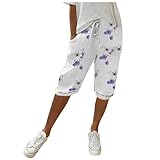 Kurze Hose Damen,Baumwolle Leinen Knielange Shorts Freizeit Bermuda Kurze, Sommer Damen Leinen mittellange Hose mit verstellbarem Kordelzug an Taille und Taschen Rollsaum lässige Outdoor-Shorts