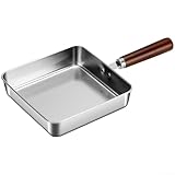 Runde Edelstahl-Pfanne mit flachem Boden, quadratische Bratpfanne mit Ausgießer und ergonomischem Griff, für Saucenausgießen (E)