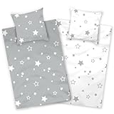 Aminata kids Bettwäsche 135x200 Sterne grau weiß Baumwolle Stern-Motiv, Reißverschluss weich & atmungsaktiv, Sommer-Bettwäsche-Set Jungen Mädchen - Wendebettwäsche