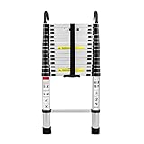 UISEBRT Teleskopleiter Aluminium 4.4M, Ausziehleiter Multifunktionsleiter Alu-Teleskopleiter mit Abnehmbarem Haken, Rutschfester Mehrzweckleiter Stehleiter Aluleiter 150 kg Belastbarkeit, Silber