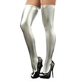 Sexy Kunstleder Strümpfe Oberschenkelhohe Reißverschluss Socken Damen Dessous Accessoires Modische Dehnbare Latex Stil Strumpfhosen (Silver, One Size)