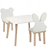 PlayPals Furniture Kindertisch mit 2 Stühlen Set 50 x 60 x 47 cm aus Holz, Bär- und Hasen-Design, Sitzgruppe Kinder, Kinderzimmer Möbel