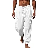 Leinenhose Herren Sommer Einfarbig Cargohose Baggy Jogginghose Baumwolle Loungewear Mit Rippeinsatz Am Beinabschluss Atmungsaktive Chino Hose Elastische Taille Freizeithose Leicht Strandhose