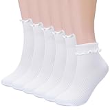 Huiguli 6 Paar Socken mit Rüschen Damen, Weich Atmungsaktive Damen Crew Söckchen, Rüschensocken Sneakersocken Weiß für Frauen Mädchen Sport Freizeit Partys, 35-40