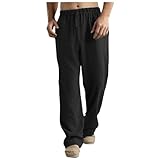 Herren Leinenhose Lang Loose Fit Atmungsaktive Baumwoll Jogginghose mit Taschen und Kordelzug Sommerhose Leicht Freizeithose Urlaub Strandhose Yoga Hose Hippie Lange Hosen