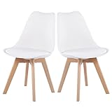 EGGREE 2er Set Esszimmerstühle mit Massivholz Buche Bein SGS Geprüfter, Retro Design Gepolsterter Stuhl Küchenstuhl Holz, Weiß