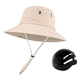Bike Helm Sun Hut, breiter Kremp-Eimer-Hut mit integriertem Helm, Anti-Kollision tragbar mit verstellbarem Kinngurt für Männer, die Männer Fahren, Radfahren, Reisen (Beige)