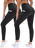 DDOBB 2er Pack Sport Leggings Damen High Waist Sportleggins Damen Lang Mit Taschen Gym Leggins Blickdicht Schwarz Sporthose Elastische Bauchweg Yogahose Fitness Laufhose(Schwarz*2,L-XL)