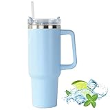 JFABL 40 oz Thermobecher mit Strohhalm und Henkel, Doppelwandiger Edelstahl Vakuum Isolierbecher mit Deckel, Autobecher Becher Tumbler Thermobecher Kaffeebecher für Heißer und Kalter Getränke - Blau