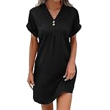 Sommerkleid Sommerkleid Damen Knopfleiste Knielang Strandkleid Einfarbig Komfortabel Boho Blusenkleid Style Freizeit Kleid (Black-B, M)