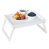 Betttablett Tisch mit klappbaren Beinen, Bambus Frühstück im Bett Essen, Servieren oder Verwendung als Serviertablett, Laptop-Schreibtisch, Snack-Tablett (Weiß)