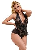 sunshinelady Damen Teddy Spitze Dessous Body Bodysuit Negligee für Frauen Tiefer V-Ausschnitt Damen Unterwäsche Reizwäsche Sexy Erotisch Lingerie mit Gürtel Schwarz XS-S