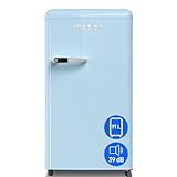 MEDION Retro Kühlschrank (91 Liter, 91cm Höhe (höhenverstellbare Füße), höhenverstellbare Glasablagen, transparente Gemüseschublade, freistehend, Türanschlag rechts, Metall Türgriff, MD37800) blau