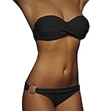 Nadunje Damen Bikini Set Bandeau Trägerlos Badeanzüge Sommer Einfarbig Zweiteiliger Bauchweg TangaBademode Bikini-Oberteil Und High Waist Bikinihose Sexy Bademode Set für Damen Strandmode Swimsuits