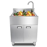 OIJKLA Freistehender Spülenschrank mit Wasserhahn und Seifenspender, gewerbliche Spüle aus Edelstahl 304, Einzelbecken, Catering-Spüle mit Abfluss und Hahnlo
